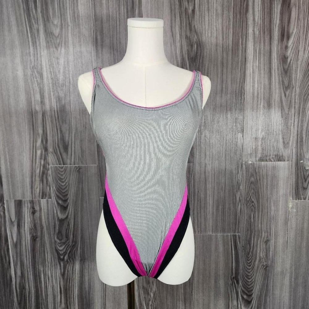Vintage 80s Colorblock Swimsuit Silver Pink Black High Cut ILGWU‎ Made in USA 9
